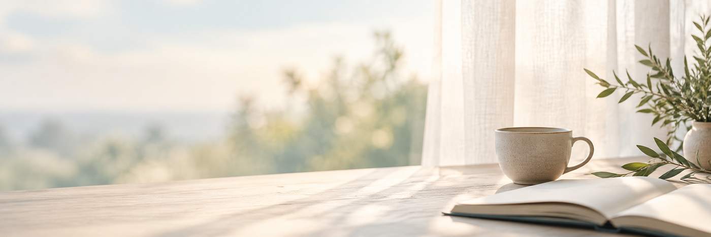 Morning light on a quiet table with a cup of tea and an open notebook